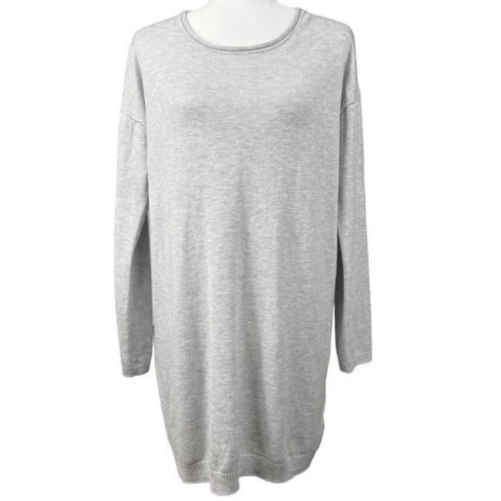 Gray Fine Knit Mini Sweater Dress H&M Basic Rolled Edge Neckline Womens Medium